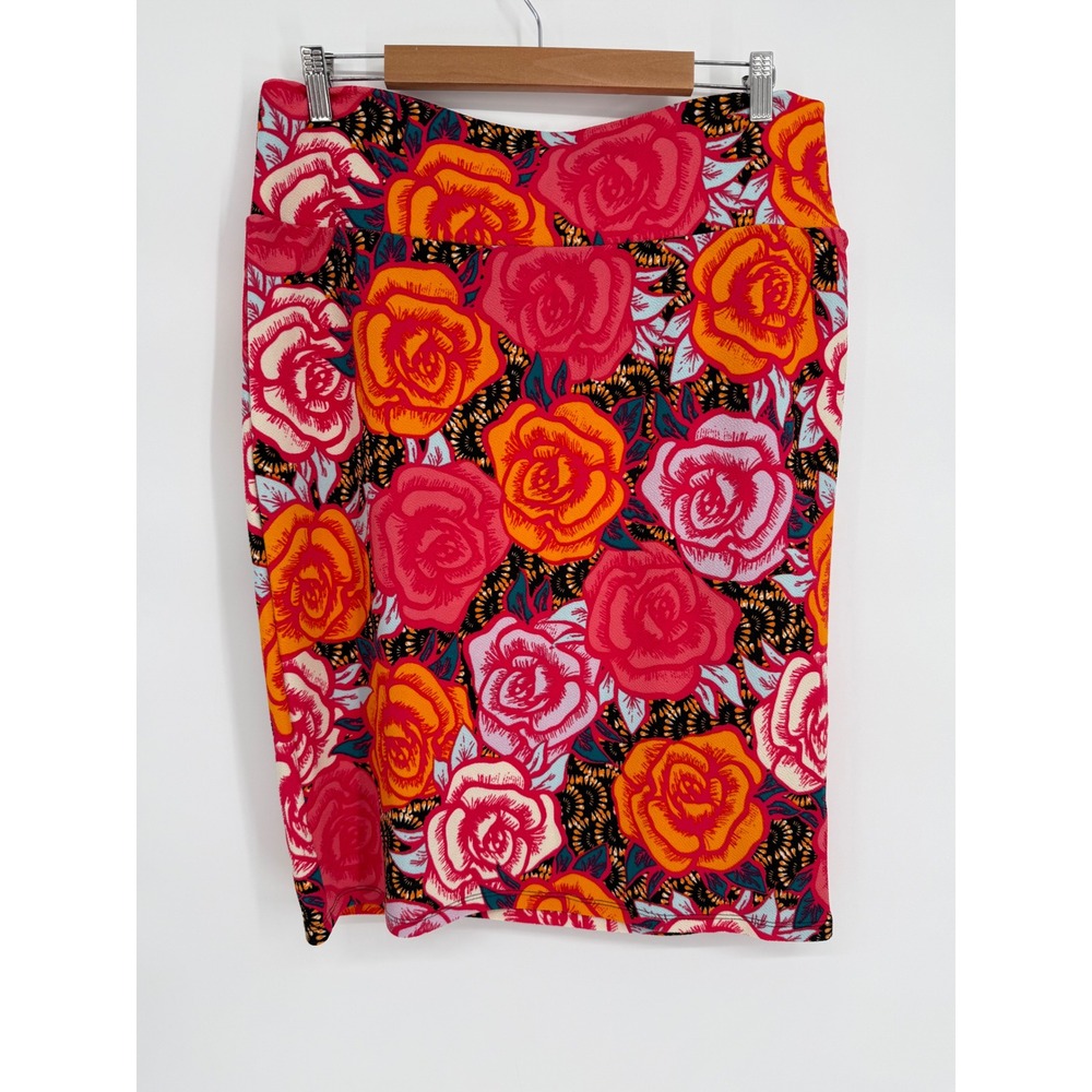 LuLaRoe Cassie Knee Pencil Skirt Sz 2XL Red Orange Pink Floral Rose Stretchy